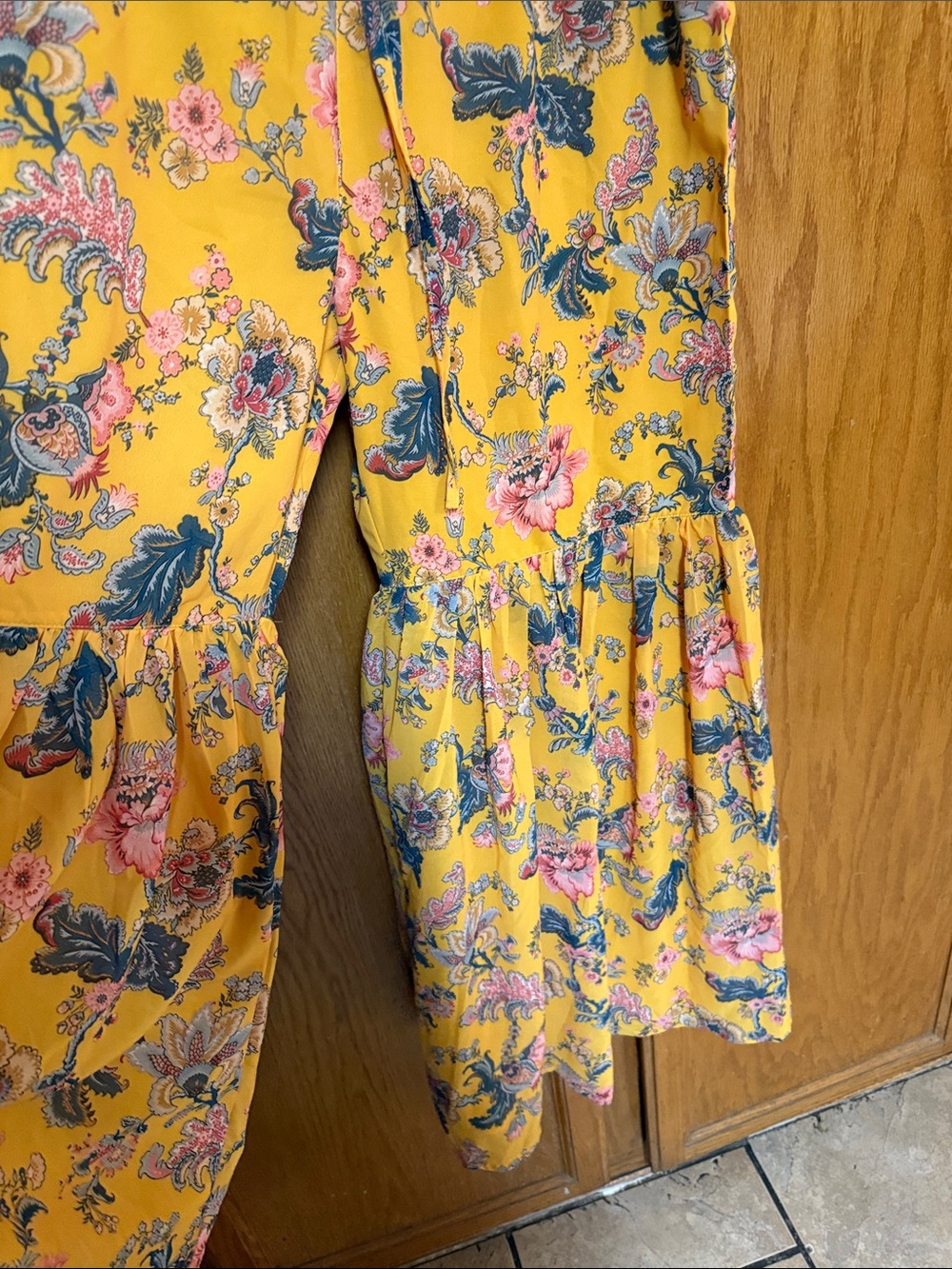 Yellow Floral Tiered wide leg pants with Pink & Green Accents - Picture 4 of 8